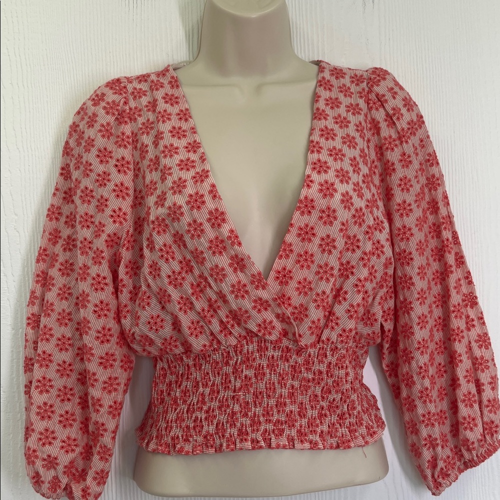 Zara - NWT Floral Print V Neck Smocked Waistband Quarter Sleeve Blouse Small - Picture 6 of 11